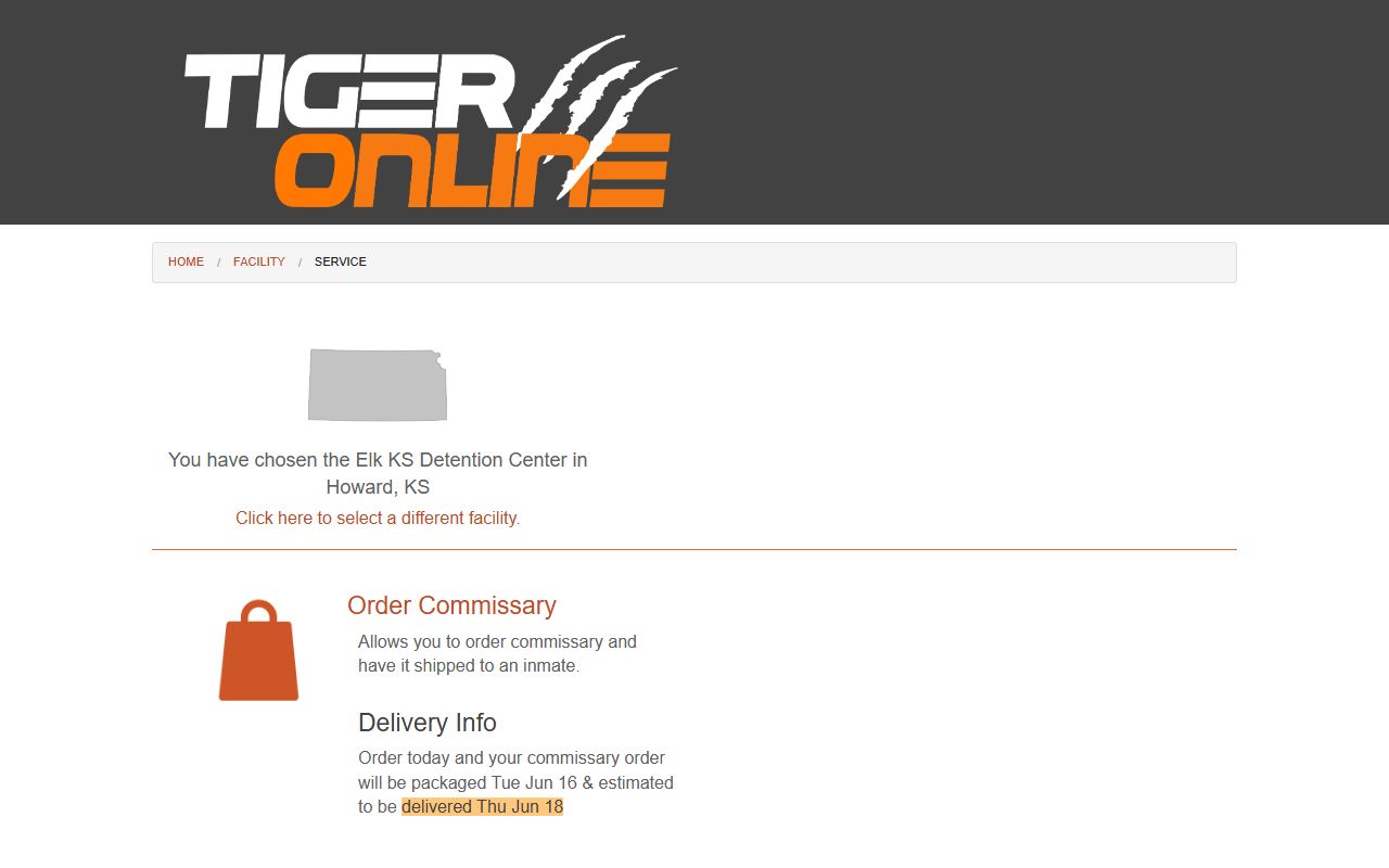 Tiger Commissary page for Elk KS Detention Center commissary orders