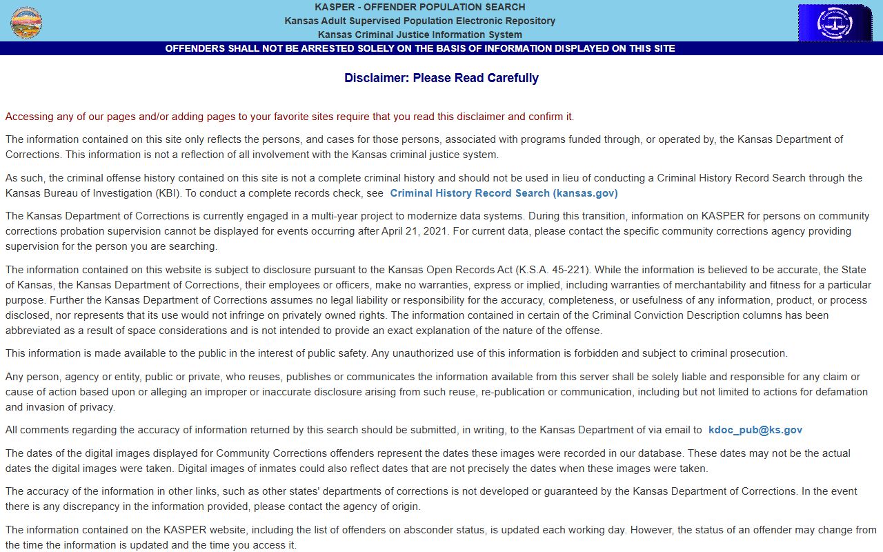 KASPER disclaimer for Elk County state inmate lookup